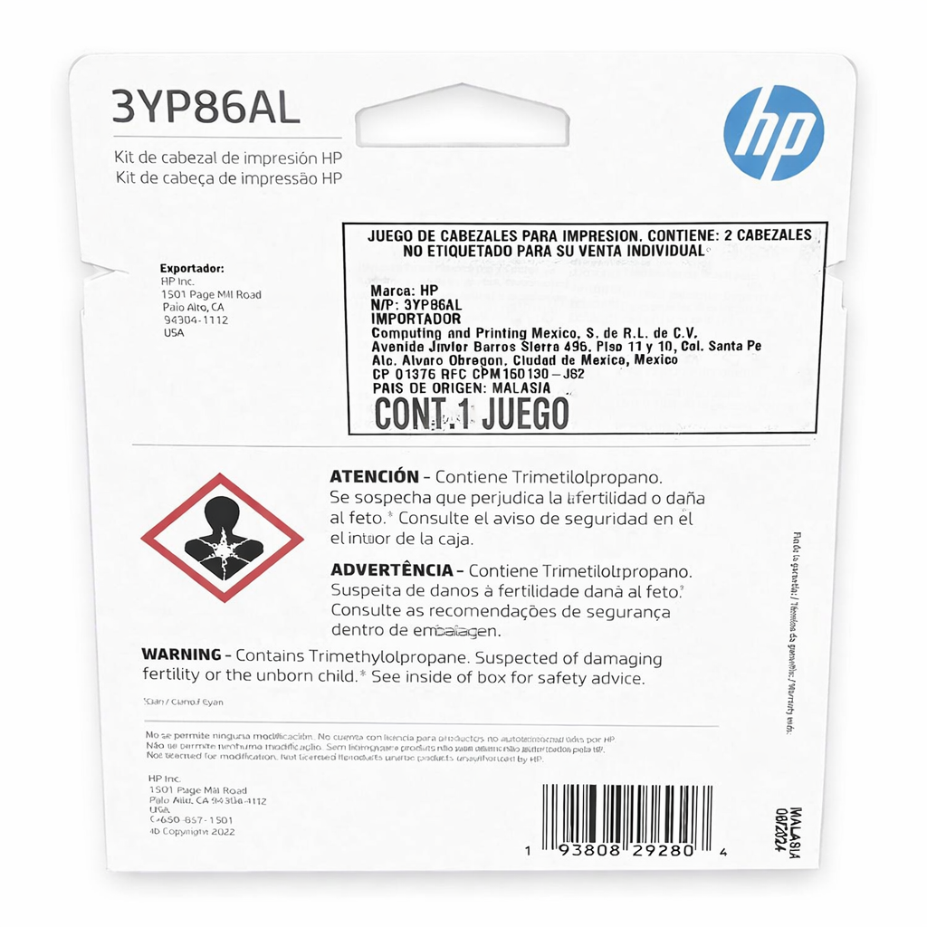 KIT CABEZAL DE IMPRESIÓN HP NEGRO/TRICOLOR 3YP86AL PARA GT5810 GT5820, INK TANK 100 Y 200, SMART TANK 300 Y 400 SIN GARANTIA