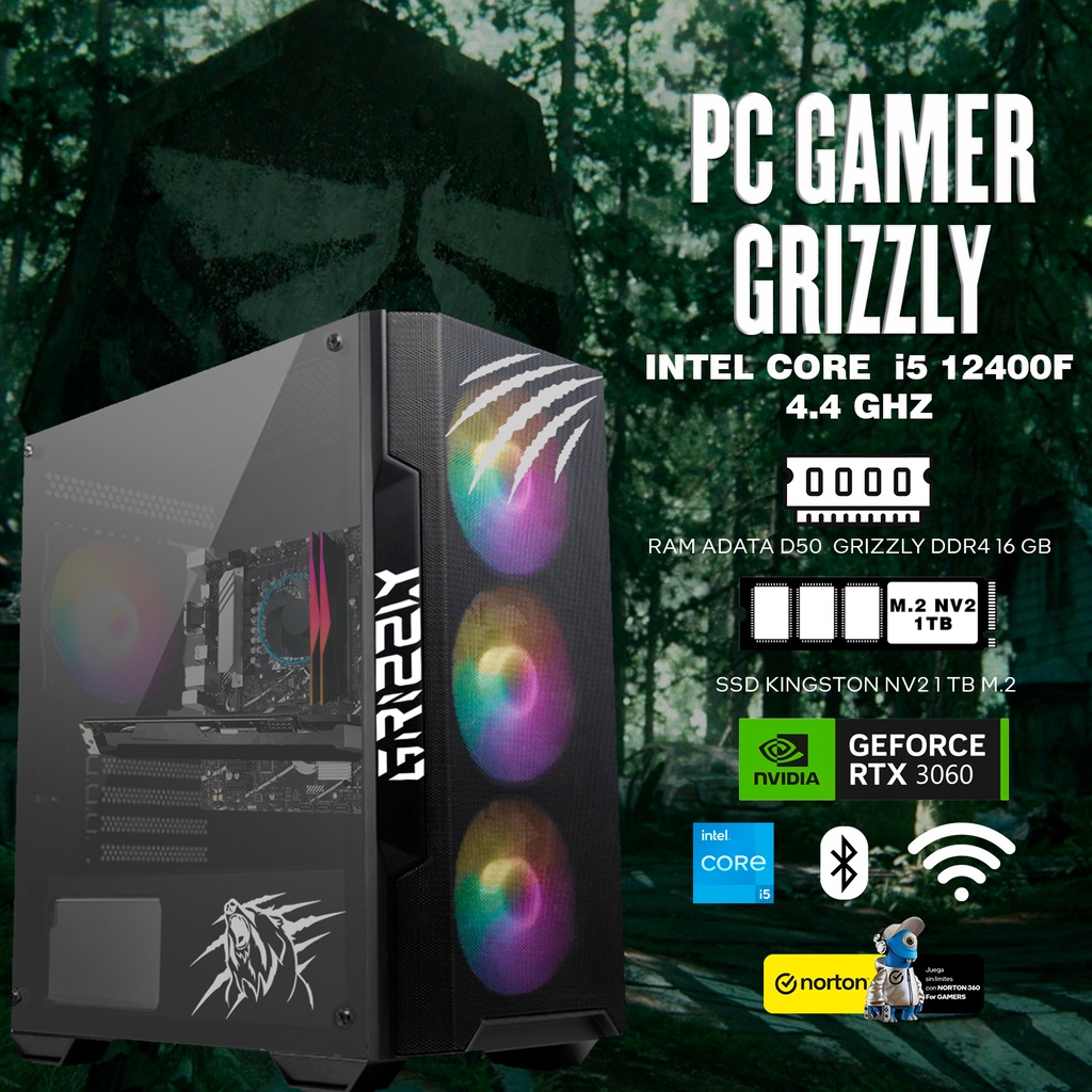 PC GAMER GRIZZLY INTEL CORE I5 12400F 4.4GHZ RTX3060 16GB NV2 1 TB WIFI BT PG-068 UN AÑO DE GARANTIA