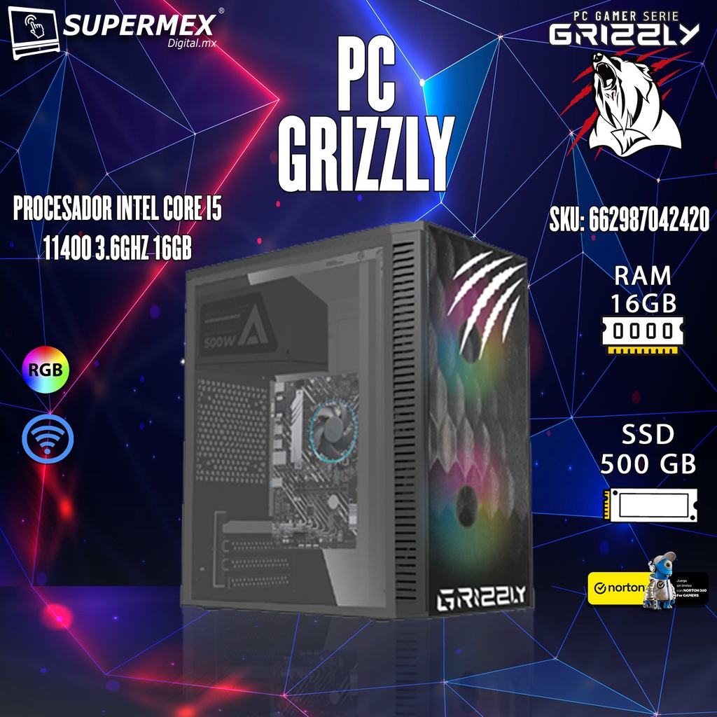PC GRIZZLY INTEL CORE I5 11400 3.6GHZ 16GB SSD 500 WIFI PG-INTEL064 UN AÑO DE GARANTIA