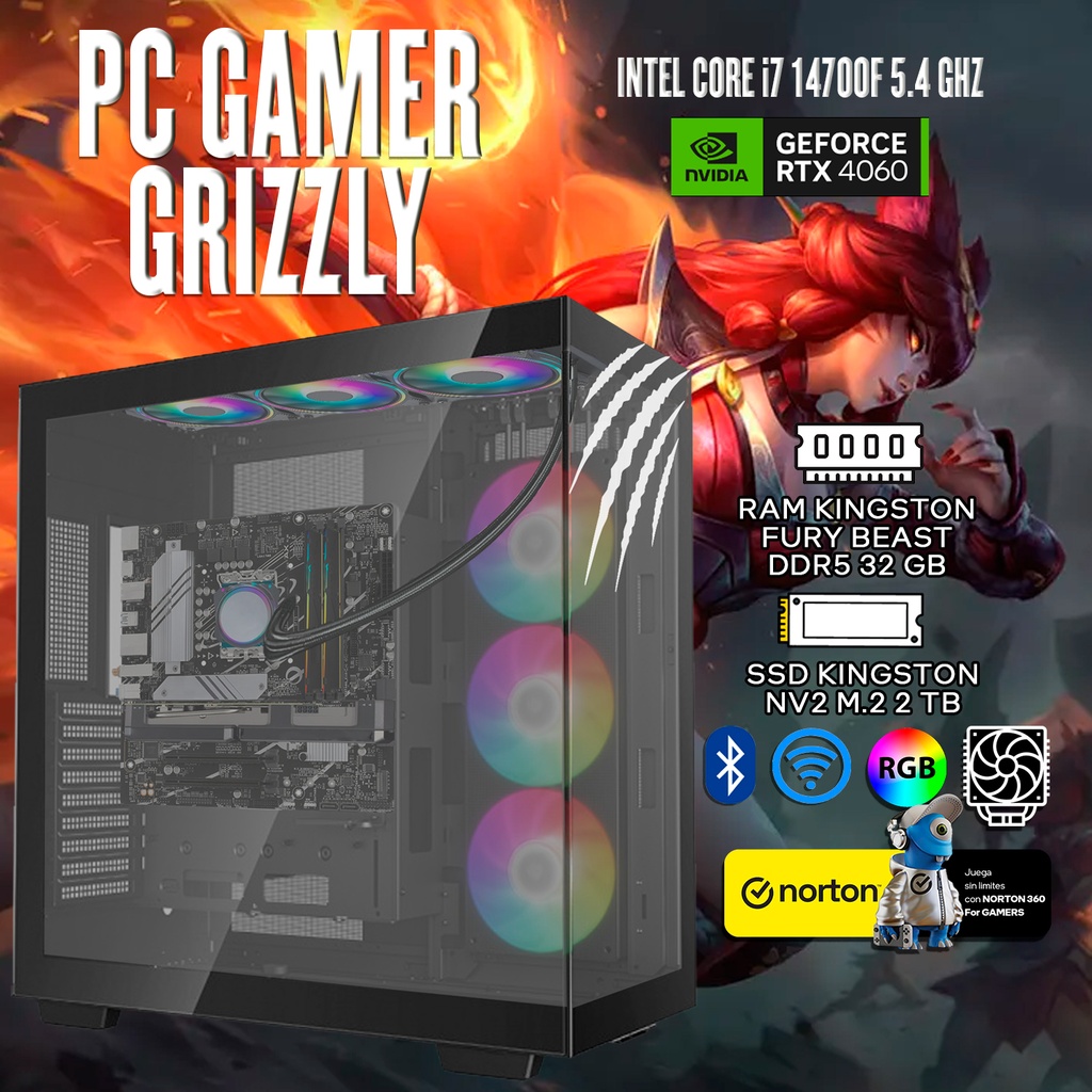 PC GAMER GRIZZLY INTEL CORE I7 14700F 5.4GHZ RTX4060 32GB NV2 2 TB WIFI BT PG-INTEL070 UN AÑO DE GARANTIA