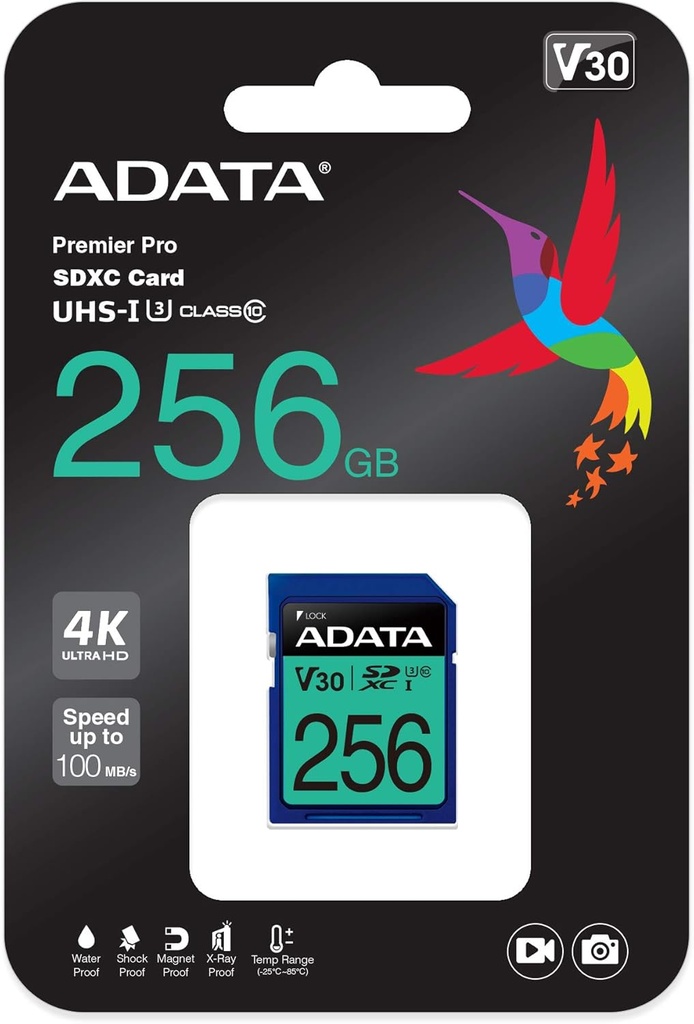 MEMORIA SD ADATA 256GB CLASE 10 V30 4K UHD 100/80MBPS AZUL ASDX256GUI3V30S-R 11M DE GARNTIA