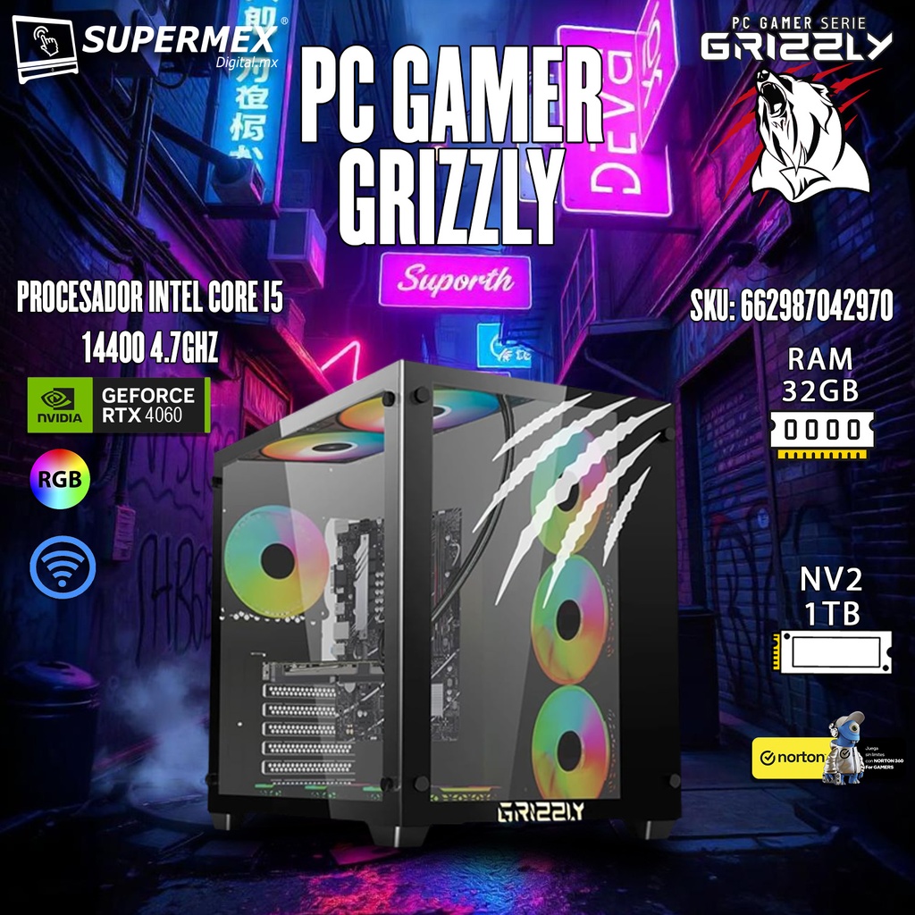 PC GAMER GRIZZLY INTEL CORE I5 14400 4.7GHZ RTX4060 32GB NV2 1 TB WIFI BT PG-INTEL072 UN AÑO DE GARANTIA