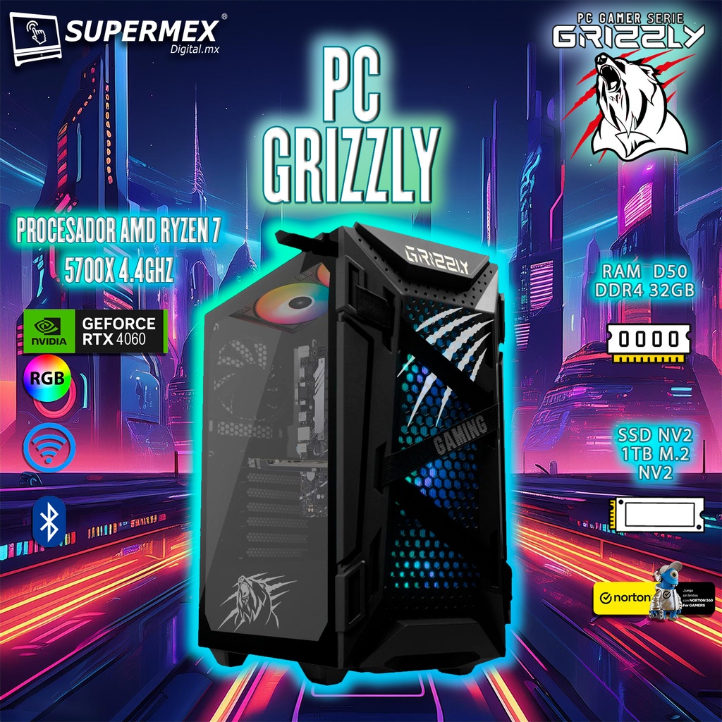 PC GAMER GRIZZLY AMD RYZEN 7 5700X 4.4GHZ RTX4060 32GB NV2 1 TB WIFI BT PG-AMD054 UN AÑO DE GARANTIA