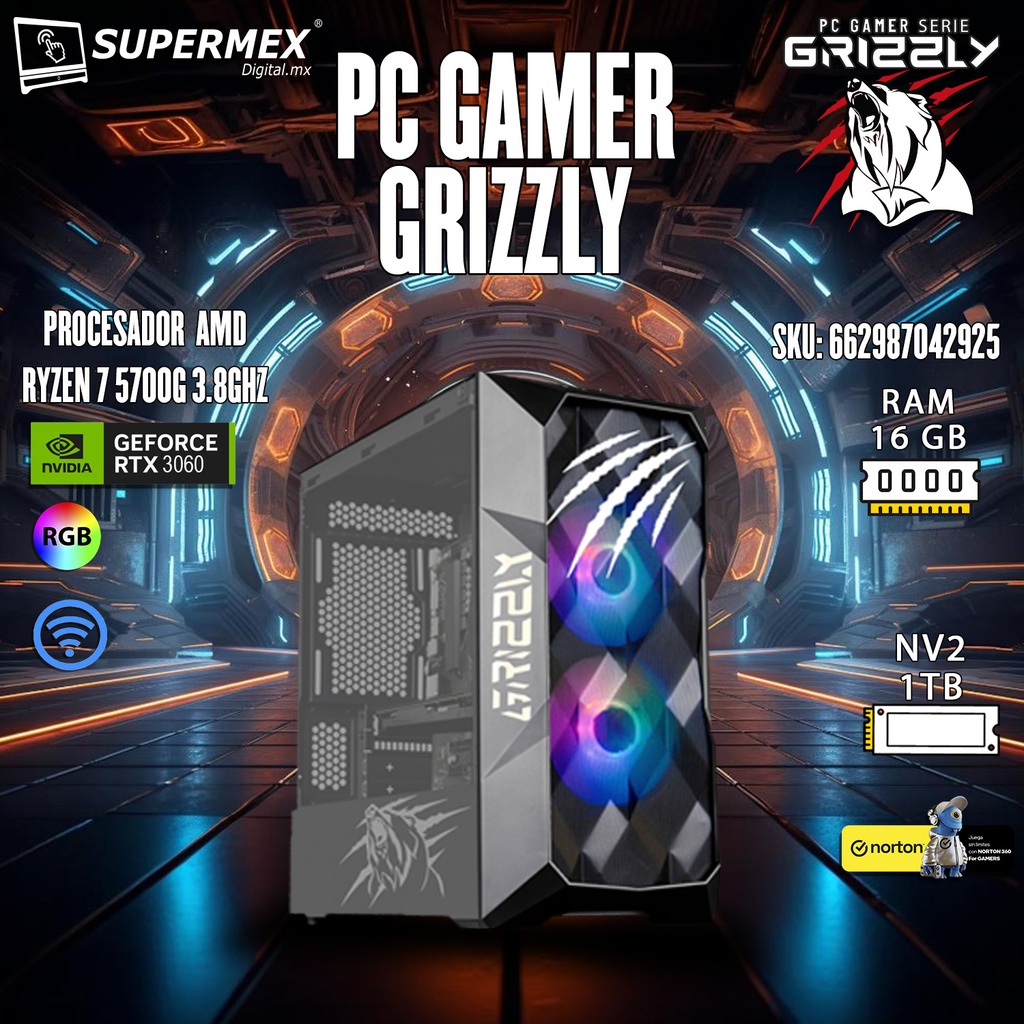 PC GAMER GRIZZLY AMD RYZEN 7 5700G 3.8GHZ RTX3060 16GB NV2 1TB WIFI BT PG-AMD051 UN AÑO DE GARANTIA