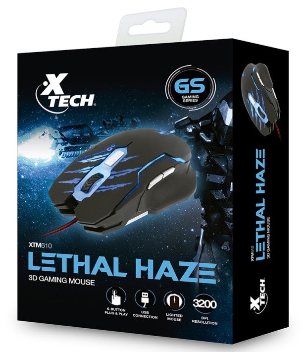 MOUSE GAMER XTECH XTM-610 LETHAL HAZE ILUMINACION/VERDE/ROJO/AZUL/MORADO USB 3200DPI NEGRO 6M DE GARANTIA