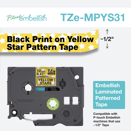 CINTA BROTHER LAMINADA TZE-MPYS31 12MM NEGRO SOBRE AMARILLO ESTRELLADO PT-D210 SIN GARANTIA