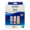 KIT TINTA EPSON T504 3PZAS CYAN MAGENTA AMARILLO L310/380/395/495/575/655/656/1455 T504520-3P SIN GARANTIA