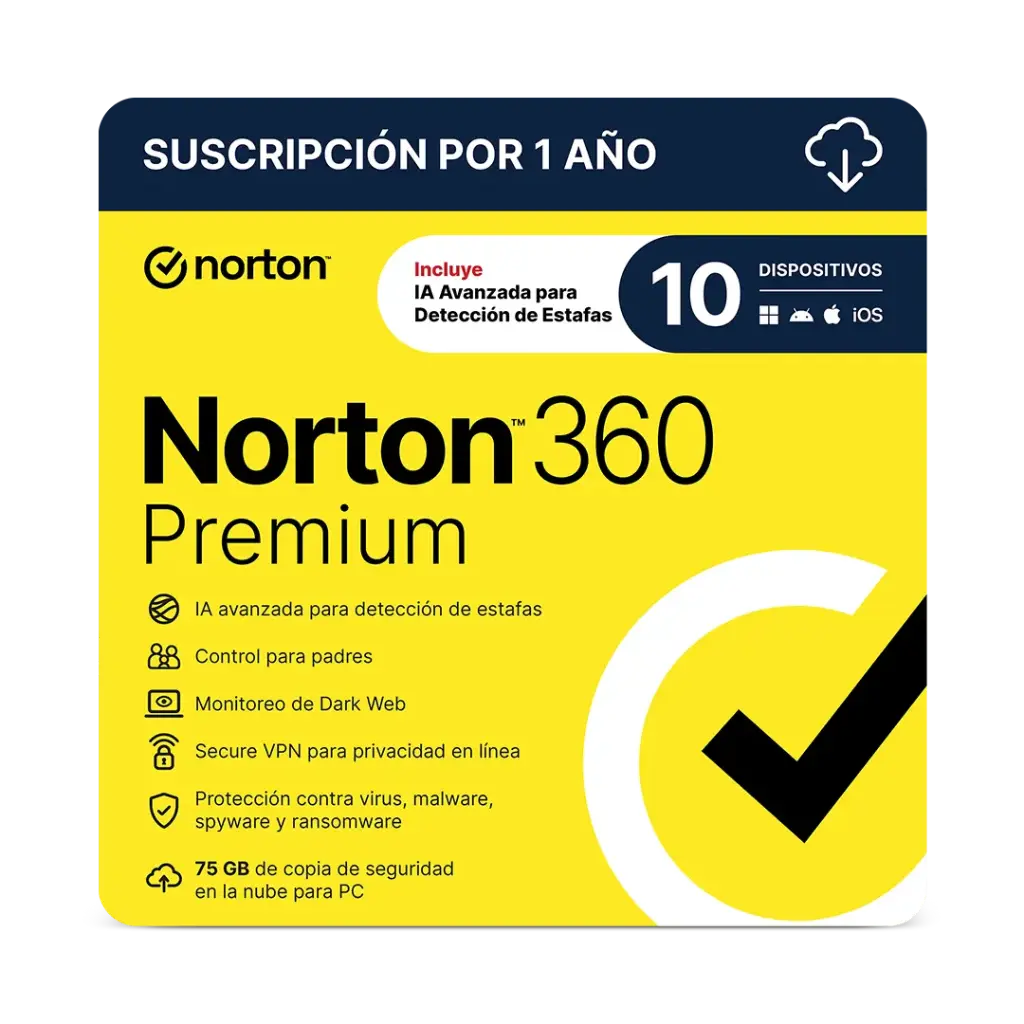 LICENCIA ANTIVIRUS NORTON 360 PREMIUM PERSONAL 10 DISPOSITIVOS 21414754 SIN GARANTIA