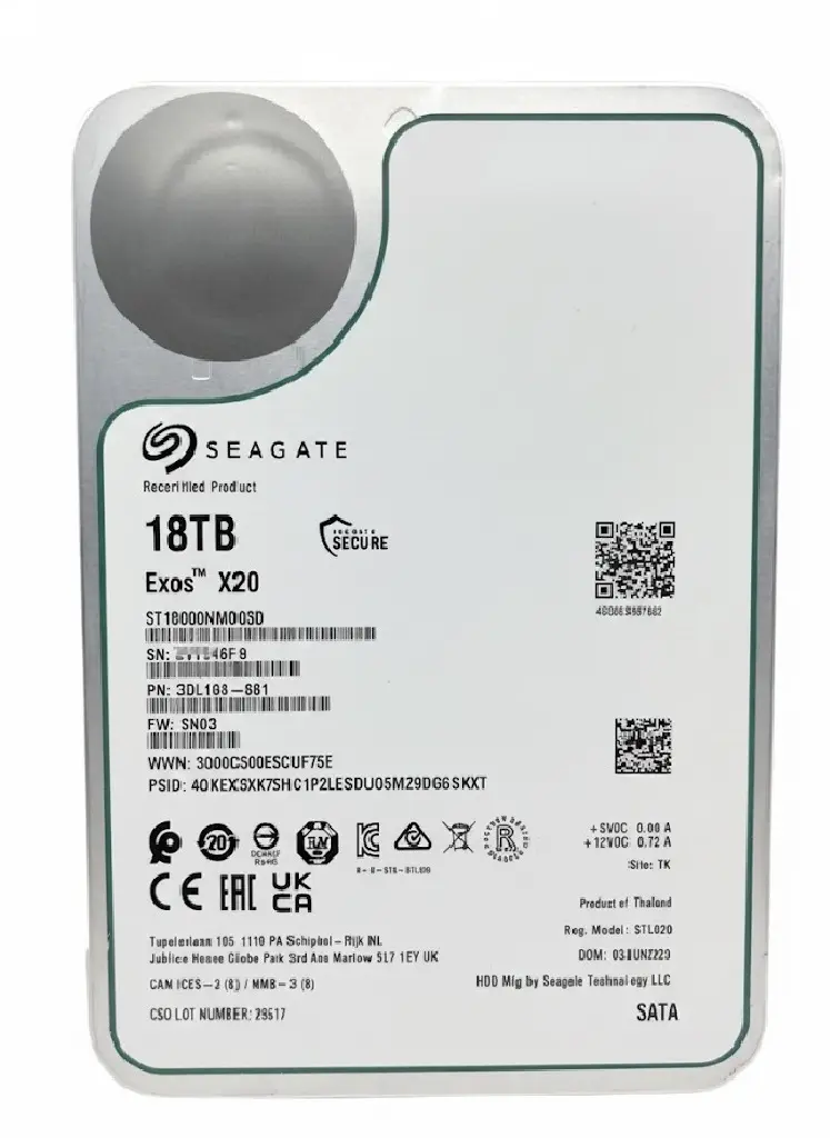 DD SEAGATE NUEVO 18TB 3.5" EXOS X20 ST18000NM003D 11M DE GARANTIA