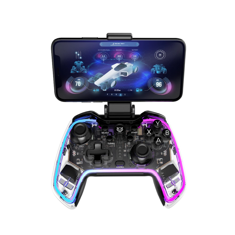 CONTROL BALAM RUSH GAMER GLOW G595 NEON TRANSPARENTE  RGB INALAMBRICO PC/ANDROID/IOS/PS/NSWITCH BR-936910 1M DE GARANTIA