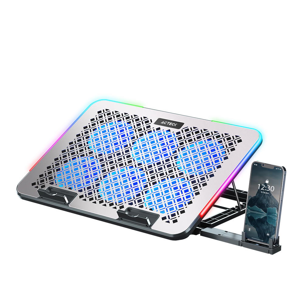 BASE ENFRIADORA ACTECK FROOST RAW BE630 ALUMINIO + ABS 6X VENTILADORES 60 MM SOPORTE PARA CELULAR 2X PUERTOS USB RGB AC-940771 03M DE GARANTIA