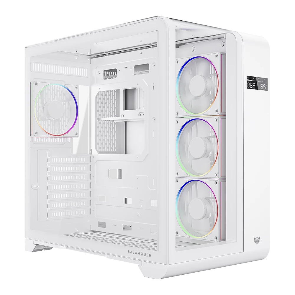 GABINETE BALAM RUSH TANK EXPERT CURVE 7400 BLANCO ATX DIGITAL 4VENT ARGB CRISTAL S/FUENTE BR-941600 11M DE GARANTIA
