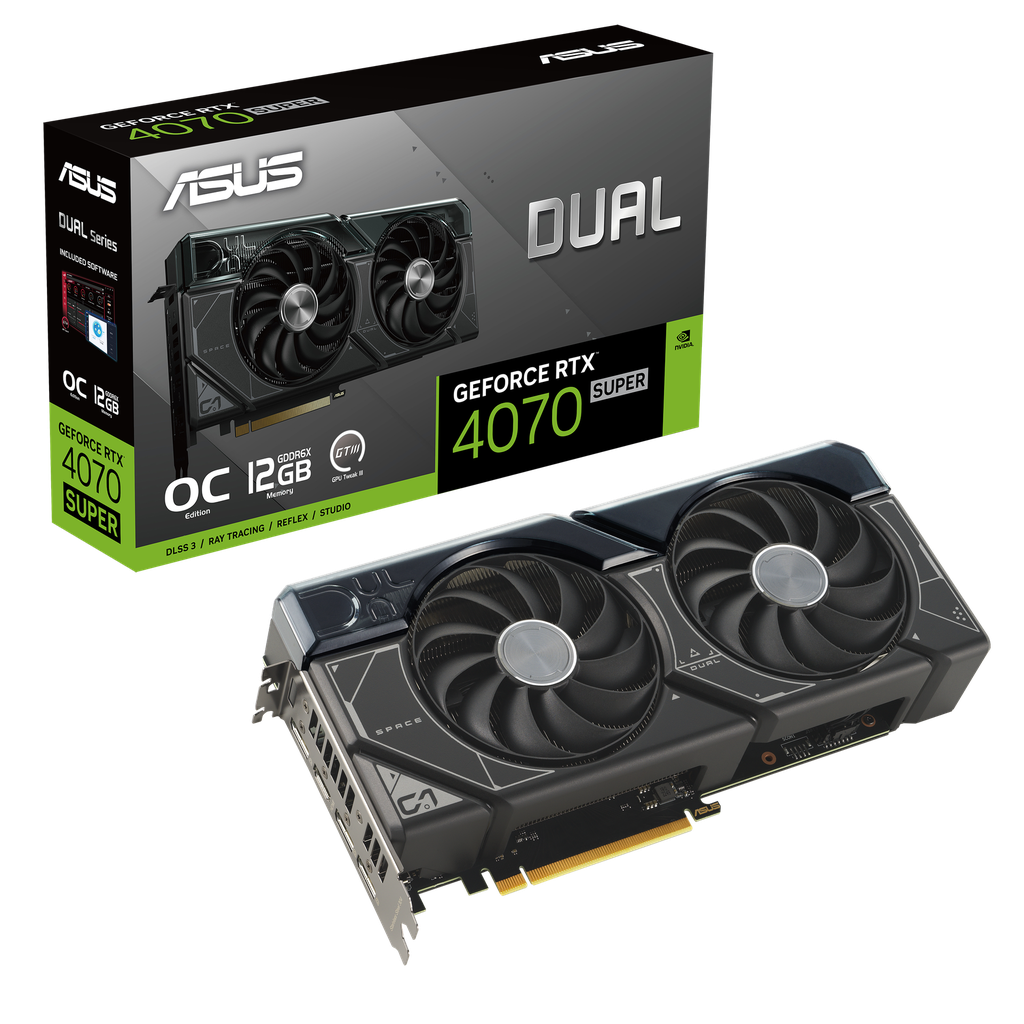 TVIDEO ASUS DUAL RTX4070 SUPER 12GB OC GDDR6X HDMI DP  DUAL-RTX4070S-O12G 90YVOKC6-MVAA00 1 AÑO DE GARANTIA