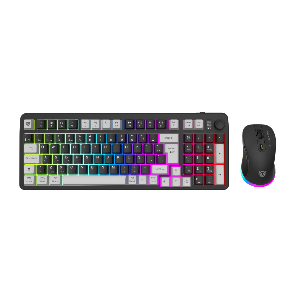 KIT 2 EN 1 WIFI BALAM RUSH SQUAD CONQUEST PRO KG525 NEGRO TECLADO 85% + MOUSE 7200DPI RGB BLUETOOTH RECARGABLE BR-940429 3M DE GARANTIA