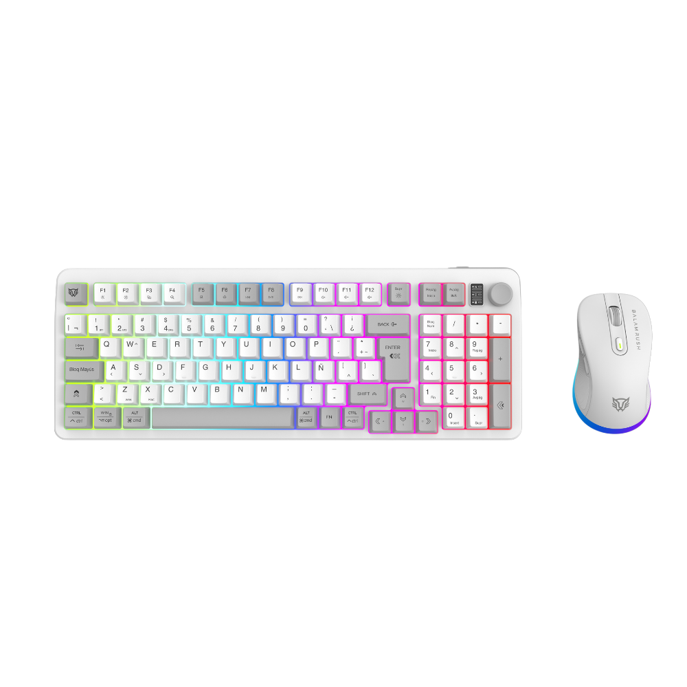 KIT 2 EN 1 WIFI BALAM RUSH SQUAD CONQUEST PRO KG525 BLANCO TECLADO 85% + MOUSE 7200DPI RGB BLUETOOTH RECARGABLE BR-940436 3M DE GARANTIA