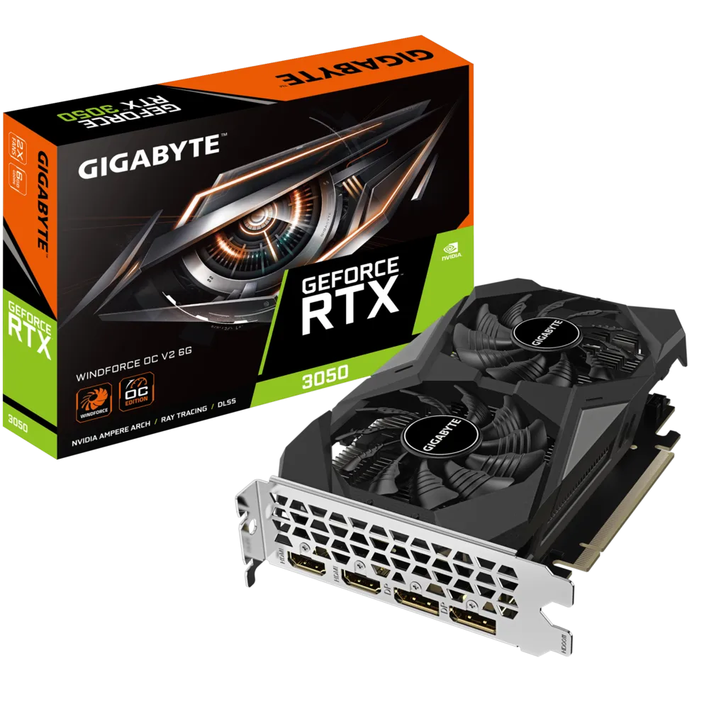 TARJETA DE VIDEO NVIDIA RTX3050 6GB OC GDDR6 GIGABYTE WINDFORCE GV-N3050WF2OCV2-6GD 12M DE GARANTIA