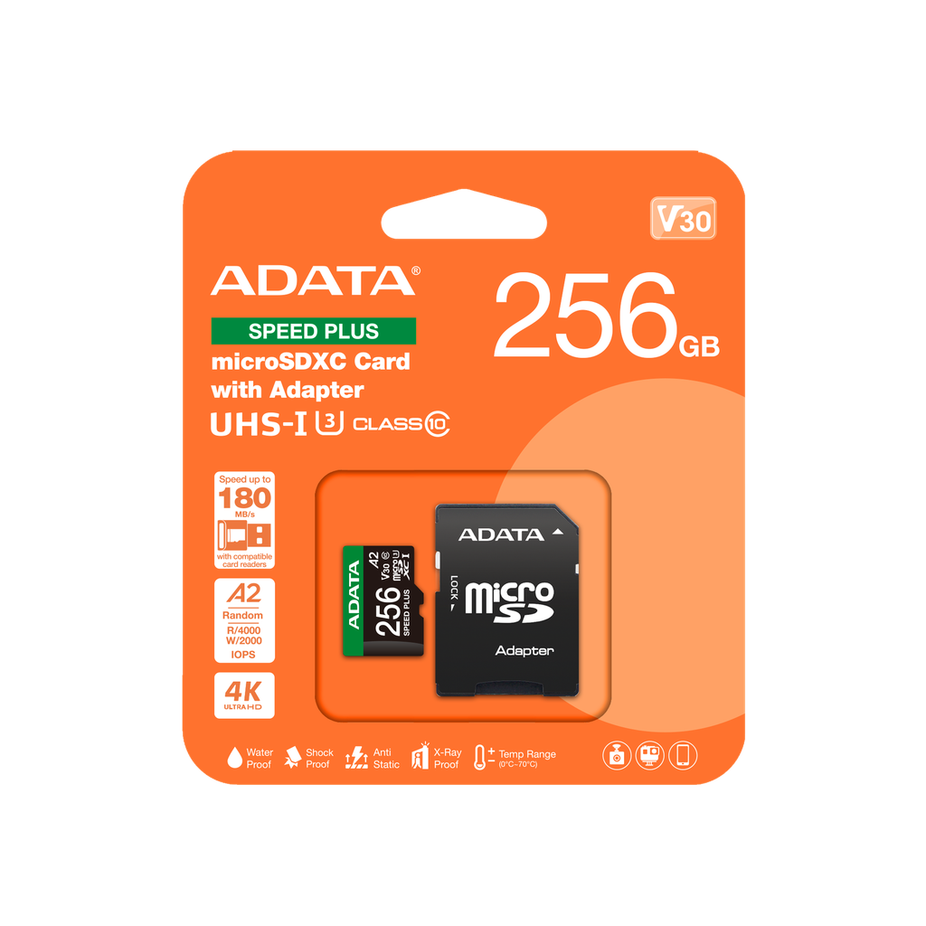 MEMORIA MICRO SD ADATA SPEED PLUS XC 256GB CLASE 10 UHS-I V30 U3 VERDE UD256GUI3V30A2SP-RA1 11M DE GARANTIA