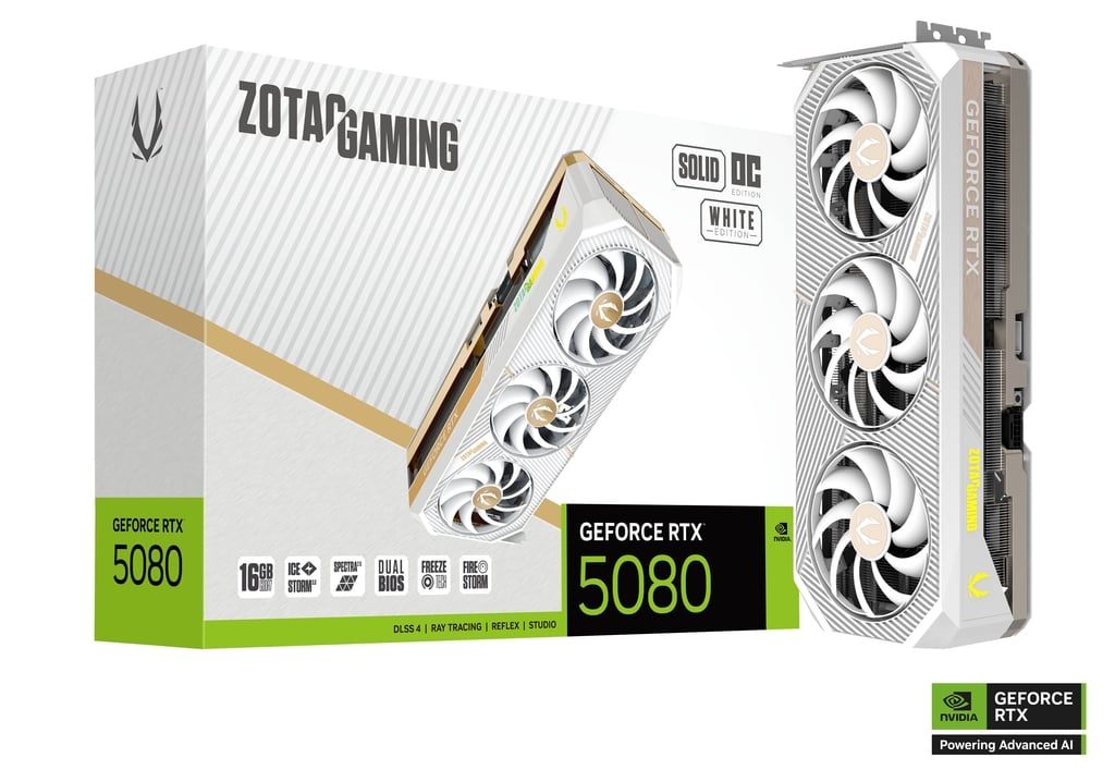 TVIDEO ZOTAC RTX5080 SOLID OC WITHE EDITION 16GB GDDR7 HDMI DP ZT-B50800Q-10P 12M DE GARANTIA