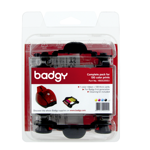 KIT DE CONSUMIBLES BADGY CINTA PARA 100 IMPRESIONES A COLOR, TARJETAS DE PVC BLANCAS 100 PZS PARA IMPRESORAS BADGY1 VBDG205EU SIN GARANTIA