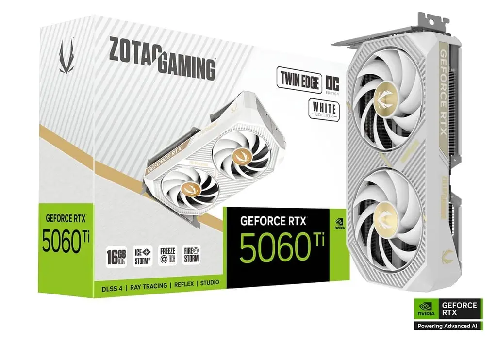 TARJETA DE VIDEO NVIDIA GEFORCE RTX5060TI 16GB OC GDDR7 ZOTAC TWIN EDGE BLANCO ZT-B50620Q-10M 12M DE GARANTIA