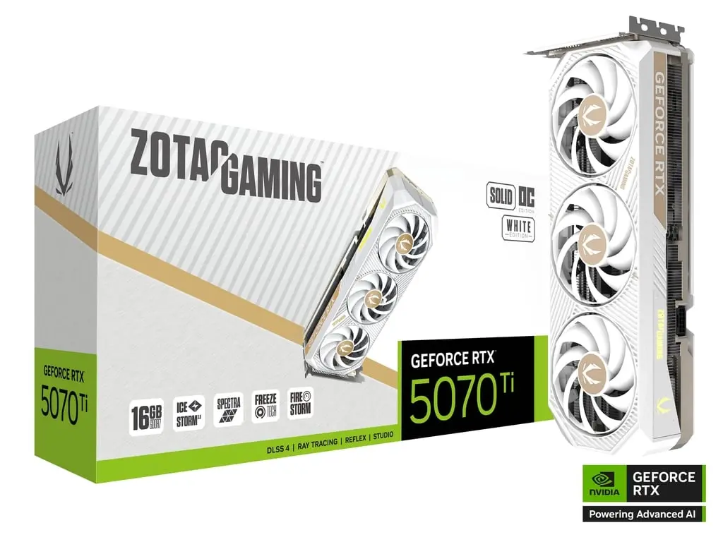 TARJETA DE VIDEO NVIDIA GEFORCE RTX5070TI 16GB OC GDDR7 ZOTAC SOLID BLANCO ZT-B50710Q2-10P 12M DE GARANTIA