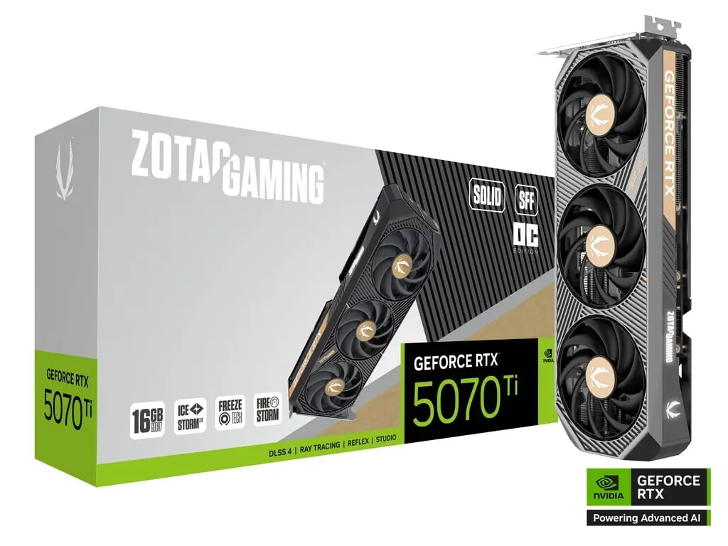 TARJETA DE VIDEO NVIDIA RTX5070TI 16GB OC GDDR7 ZOTAC SOLID SFF ZT-B50710J3-10P 1AÑO DE GARANTIA