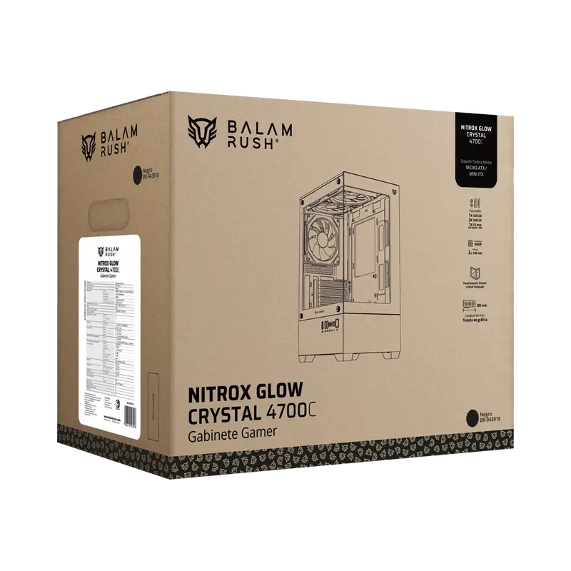 GABINETE BALAM RUSH NITROX GLOW CRYSTAL 4700C NEGRO M-ATX ARGB C/TEMPLADO S/FUENTE BR-943918 3M DE GARANTIA