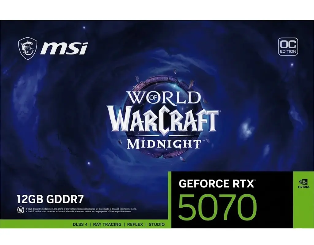 TARJETA DE VIDEO NVIDIA RTX5070 12GB OC GDDR7 MSI RTX 5070 12G WORLD OF WARCRAFT MIDNIGHT VOID EDITION OC 12M DE GARANTIA