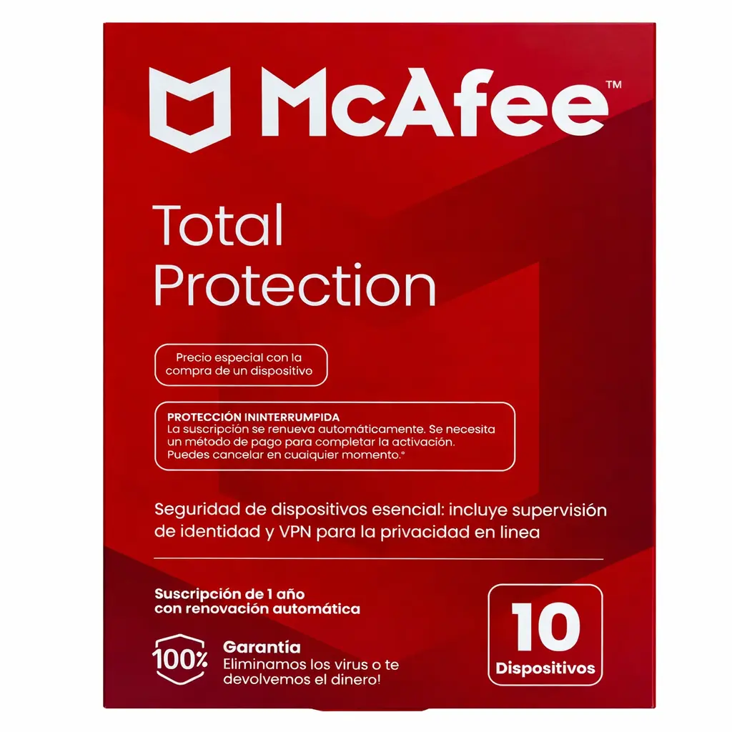 LICENCIA ANTIVIRUS MCAFEE TOTAL PROTECTION 10 DISPOSITIVOS MTP61LNRXRDAM SIN GARANTIA