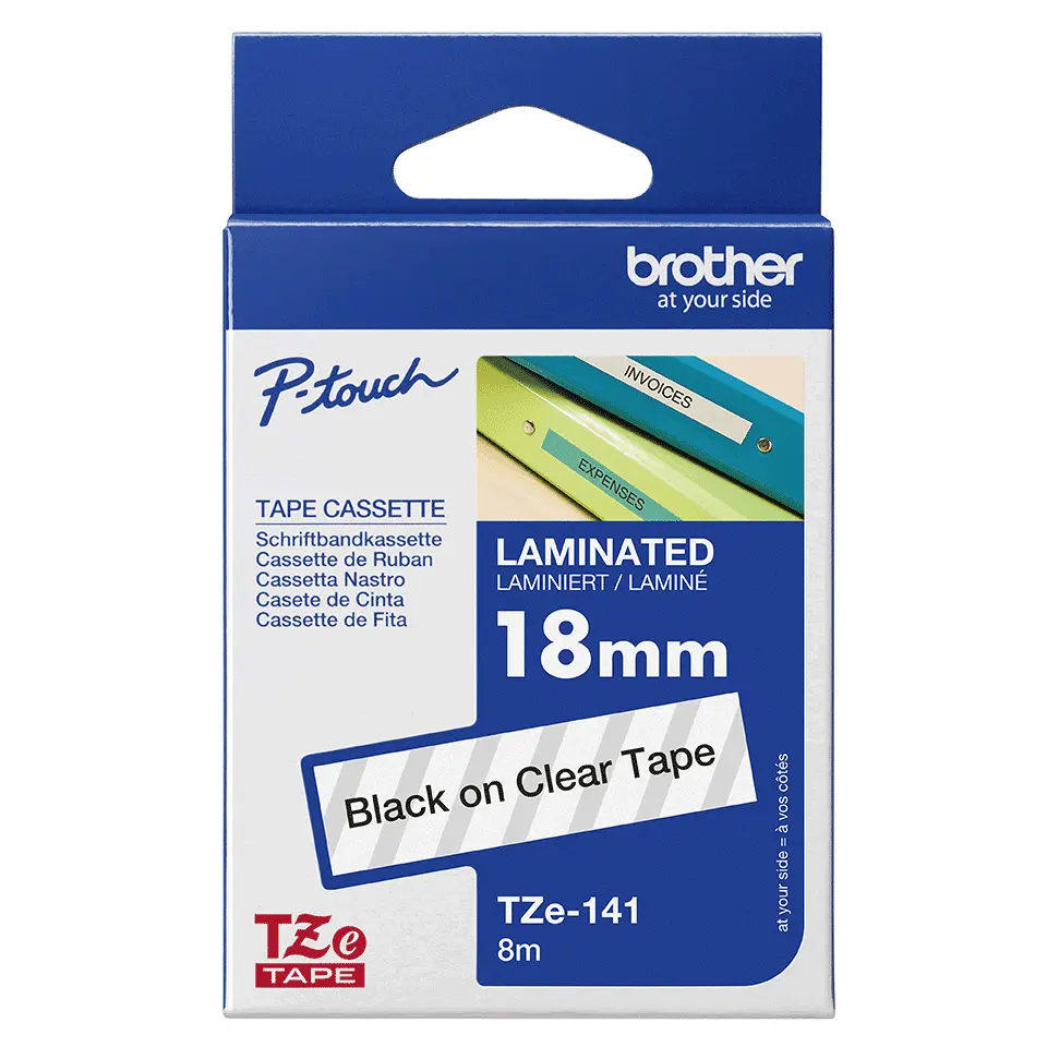 CINTA BROTHER LAMINADA TZE-141G NEGRO SOBRE TRASPARENTE 18MM X8M COM/PT-D400AD PT-D410 PT-D450 PT-D460BT PT-D600 PT-D600VP PT-D610BT/PT-H300 PT-H300LI PT-H500LI TZE-141 SIN GARANTIA