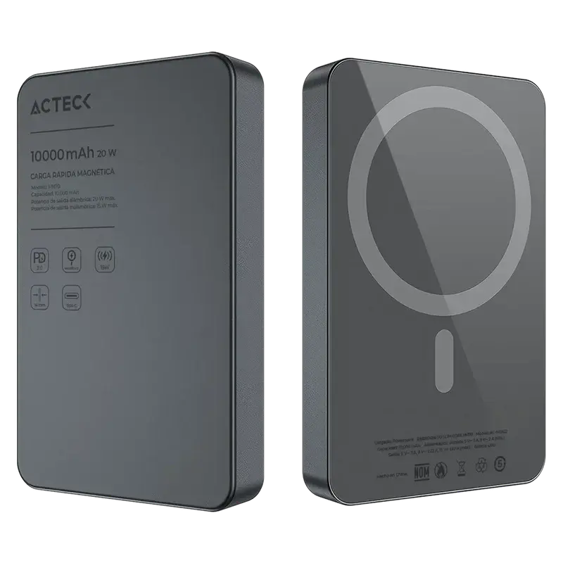 POWER BANK ACTECK ENERGON GO SLIM CORE PM70 NEGRO 10000MAH CARGA MAGNETICA USB-C AC-945622 6M DE GARANTIA