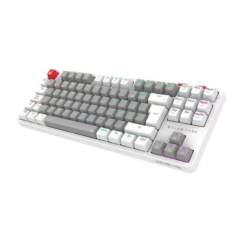 TECLADO BALAM RUSH LEVEL PRO GK990 GRIS-BLANCO 2.4 MHZ BT  SWITCH ROJO 80% RGB BR-940689 12M DE GARANTIA