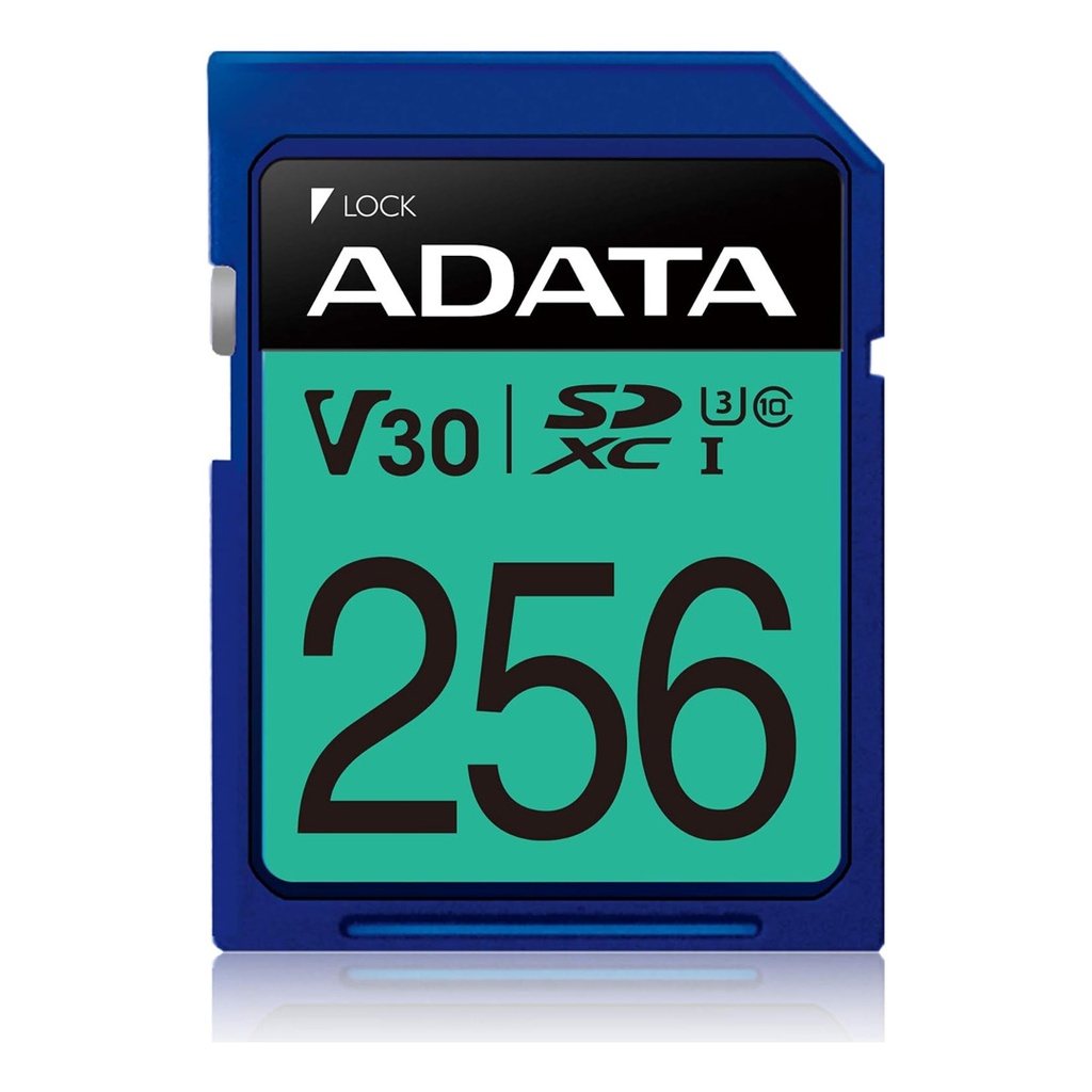 MEMORIA SD ADATA 256GB CLASE 10 V30 4K UHD 100/80MBPS AZUL ASDX256GUI3V30S-R 11M DE GARNTIA
