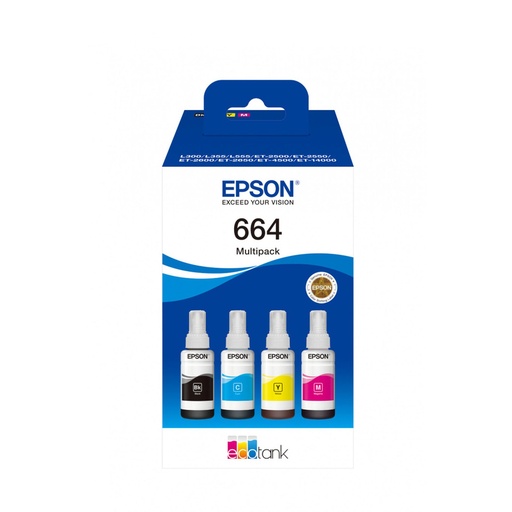 [010343965942] KIT TINTA EPSON T664 4PZAS MAGENTA AMARILLO CYAN NEGRO 70ML COM/L110 L120 L210 L220 L300 L310 L350 L355 L365 L375 T664520-4P SIN GARANTIA