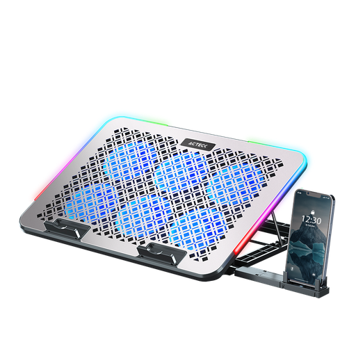 [7506215940771] BASE ENFRIADORA ACTECK FROOST RAW BE630 ALUMINIO + ABS 6X VENTILADORES 60 MM SOPORTE PARA CELULAR 2X PUERTOS USB RGB AC-940771 03M DE GARANTIA