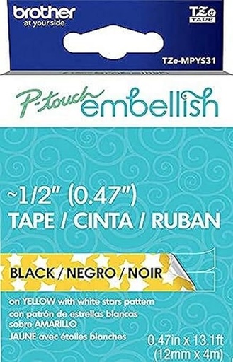 [012502645672] CINTA BROTHER LAMINADA TZE-MPYS31 12MM NEGRO SOBRE AMARILLO ESTRELLADO PT-D210 SIN GARANTIA