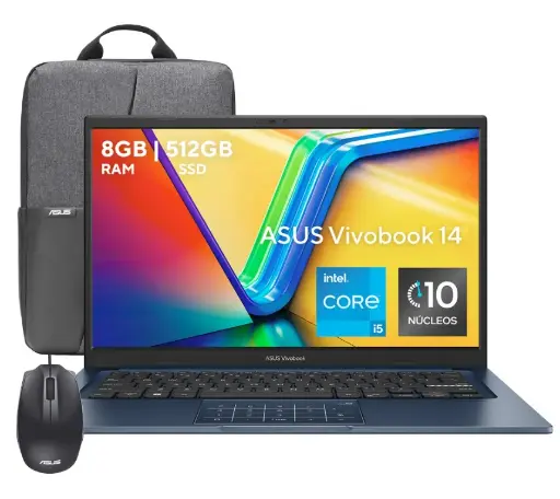 [197105908581] LAPTOP ASUS VIVOBOOK CORE I5 1334U 512GB 8GB DDR4 14" W11H INC/MOCHILA/MOUSE AZUL F1404VA-NK1054W 90NB10I1-M019C0 GARANTIA CON FABRICANTE