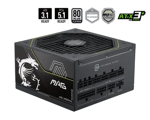 [824142446195] FUENTE MSI MAG A1000PLS PCIE5 1000W 80 PLUS PLATINUM PCIE 5.1 FULL MODULAR ATX 12M DE GARANTIA